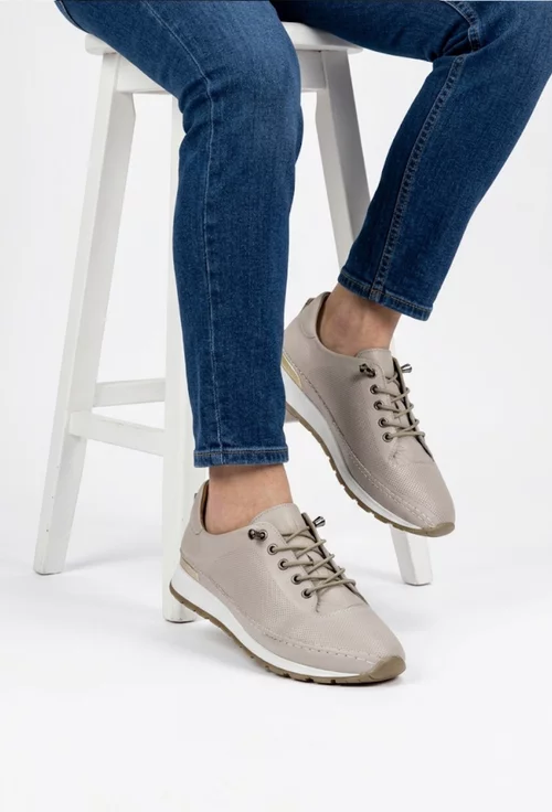 Pantofi dama bej din piele cu siret elastic picture - 2