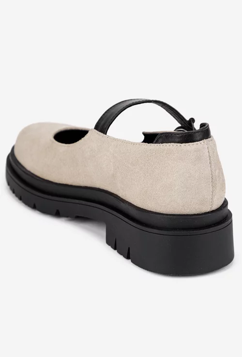 Pantofi dama bej din piele intoarsa cu detalii negre