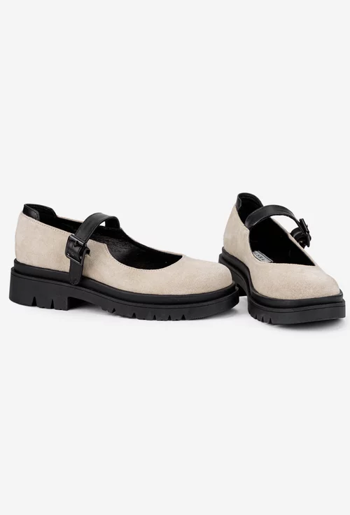 Pantofi dama bej din piele intoarsa cu detalii negre