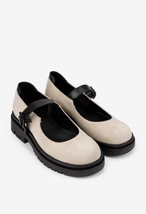 Pantofi dama bej din piele intoarsa cu detalii negre