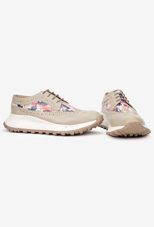 Pantofi dama bej din piele naturala cu detalii multicolore