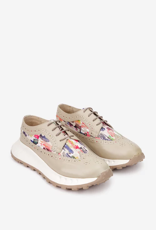 Pantofi dama bej din piele naturala cu detalii multicolore