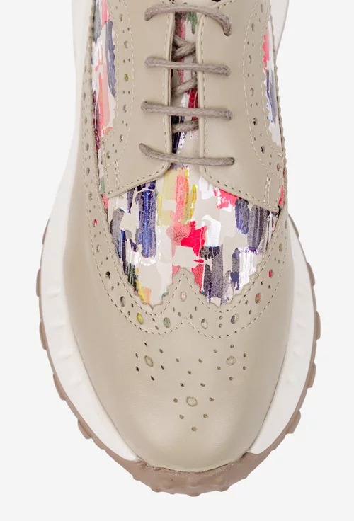 Pantofi dama bej din piele naturala cu detalii multicolore