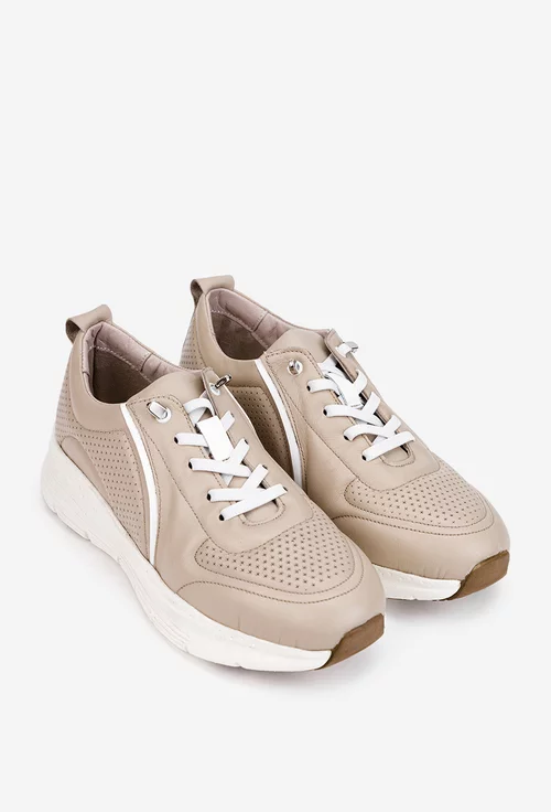 Pantofi dama bej din piele naturala cu siret elastic