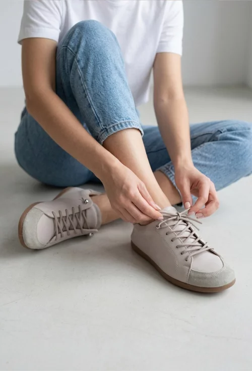 Pantofi dama bej din piele naturala cu siret elastic picture - 2