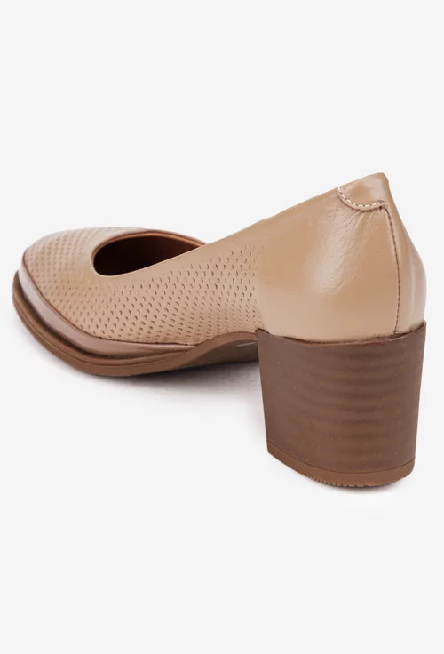 Pantofi dama bej inchis din piele cu perforatii si toc