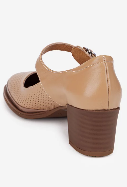 Pantofi dama bej inchis din piele perforata cu toc si bareta