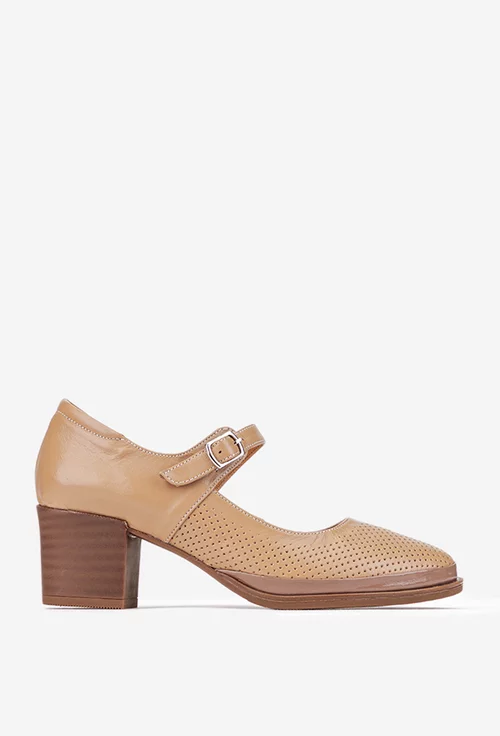 Pantofi dama bej inchis din piele perforata cu toc si bareta