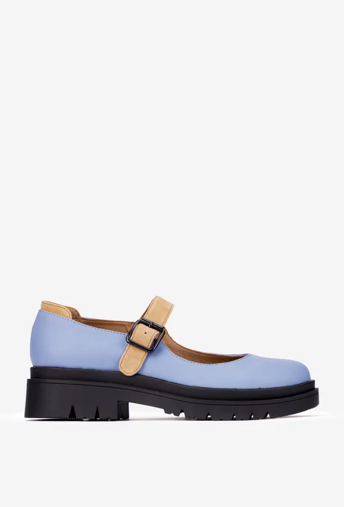 Pantofi dama bleu din piele naturala cu detalii maro