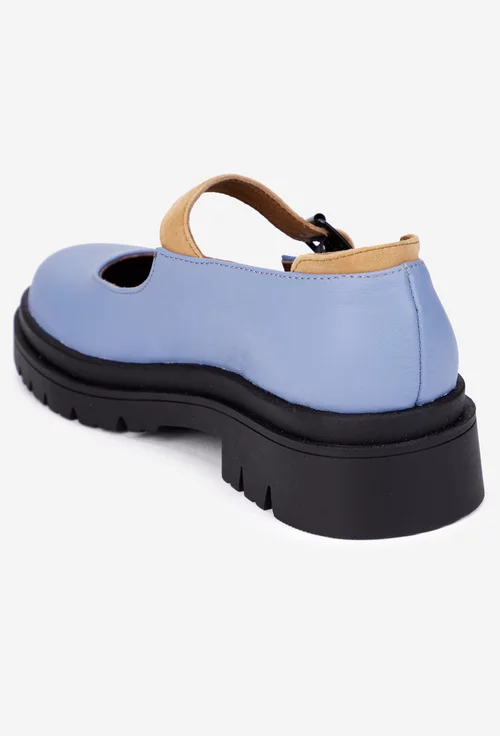 Pantofi dama bleu din piele naturala cu detalii maro