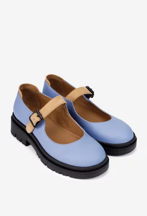 Pantofi dama bleu din piele naturala cu detalii maro