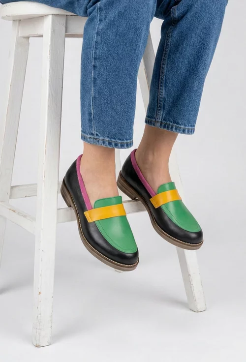 Pantofi dama bleumarin cu detalii colorate din piele naturala