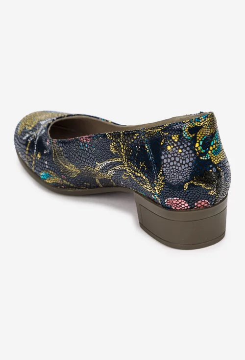 Pantofi dama bleumarin din piele cu imprimeu floral colorat