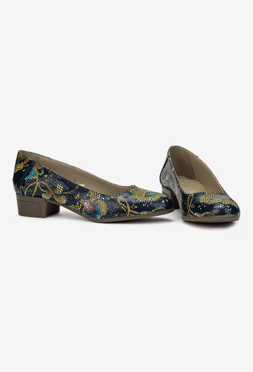 Pantofi dama bleumarin din piele cu imprimeu floral colorat