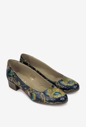 Pantofi dama bleumarin din piele cu imprimeu floral colorat