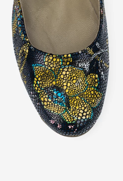 Pantofi dama bleumarin din piele cu imprimeu floral colorat