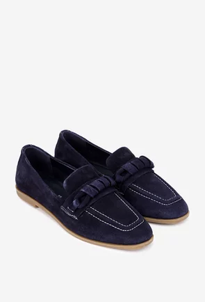 Pantofi dama bleumarin din piele intoarsa cu ornament