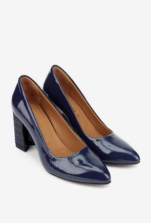 Pantofi dama bleumarin din piele lacuita cu toc deosebit