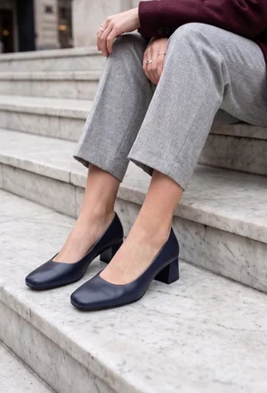 Pantofi dama bleumarin din piele naturala cu toc