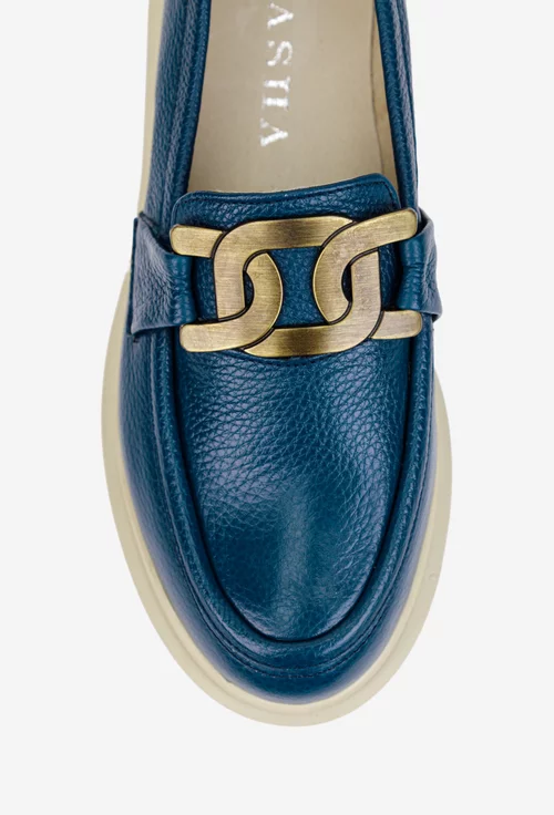 Pantofi dama bleumarin din piele texturata cu ornament
