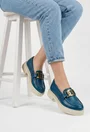 Pantofi dama bleumarin din piele texturata cu ornament
