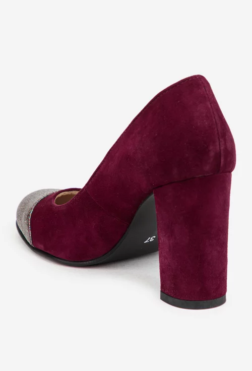 Pantofi dama bordo din piele intoarsa cu sclipici