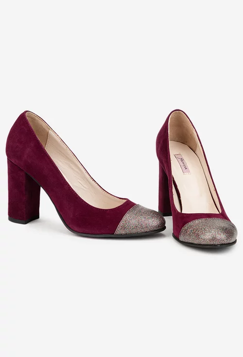 Pantofi dama bordo din piele intoarsa cu sclipici