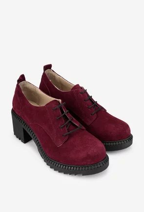 Pantofi dama bordo din piele intoarsa cu siret si toc gros