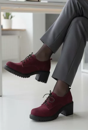Pantofi dama bordo din piele intoarsa cu siret si toc gros