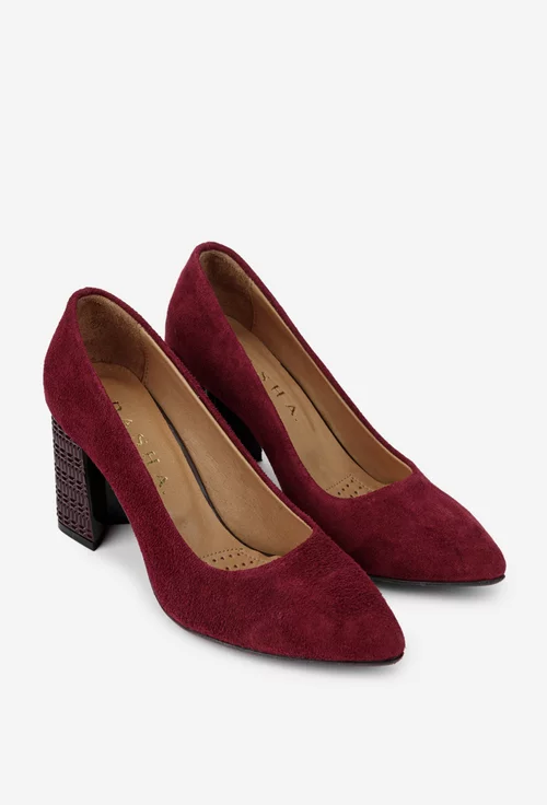 Pantofi dama bordo din piele intoarsa cu toc deosebit