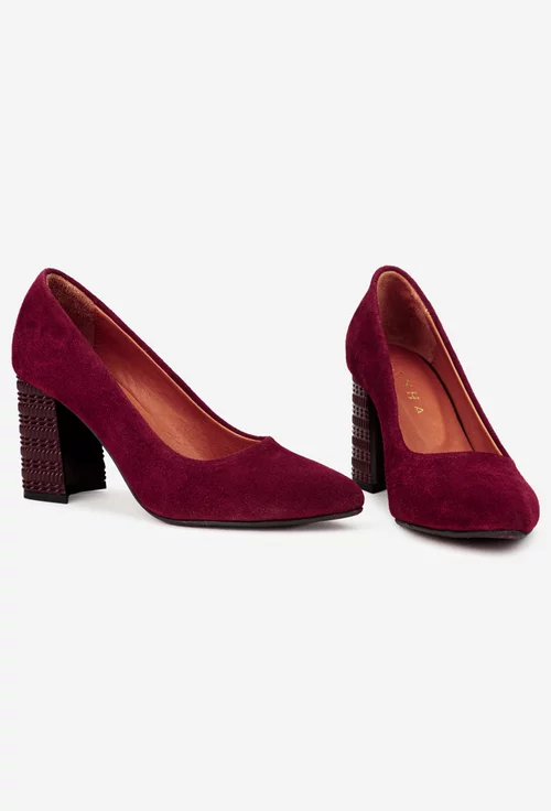 Pantofi dama bordo din piele intoarsa cu toc deosebit picture - 5