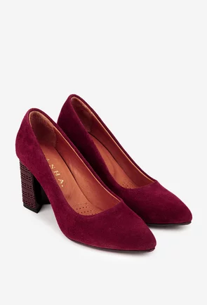Pantofi dama bordo din piele intoarsa cu toc deosebit