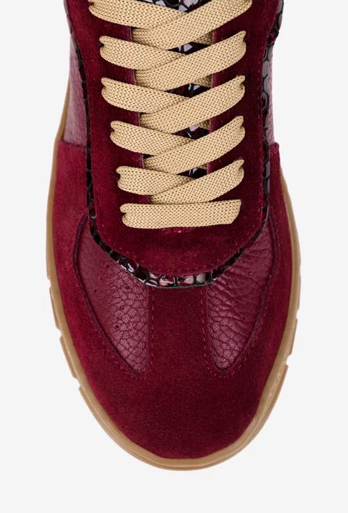 Pantofi dama burgundy din mai multe tipuri de piele