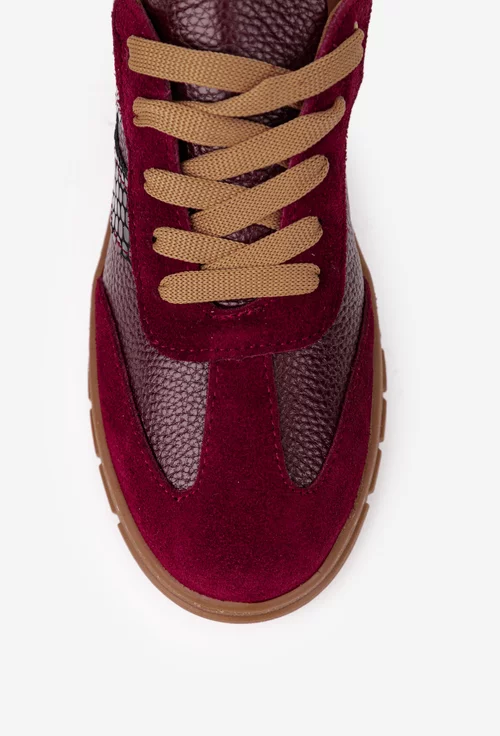 Pantofi dama burgundy din mai multe tipuri de piele
