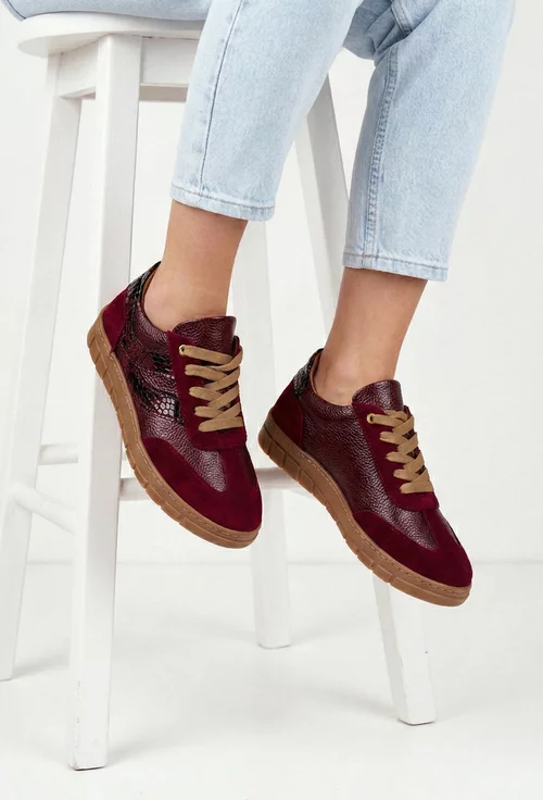 Pantofi dama burgundy din mai multe tipuri de piele