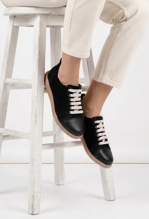 Pantofi dama casual negri din doua tipuri de piele