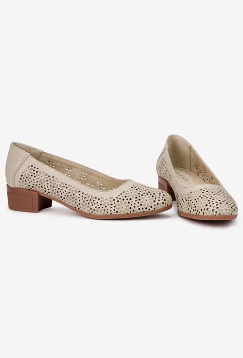 Pantofi dama crem din piele cu model perforat