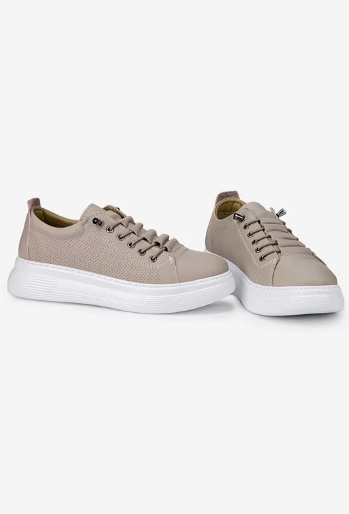Pantofi dama cu siret elastic bej din piele naturala