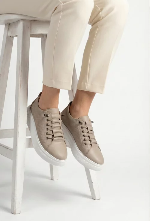 Pantofi dama cu siret elastic bej din piele naturala