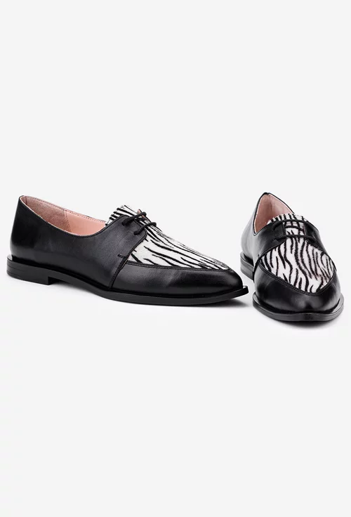 Pantofi dama deosebiti din piele naturala neagra cu insertie animal print