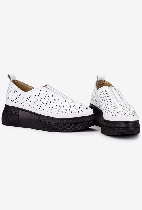 Pantofi dama din piele alba cu model perforat