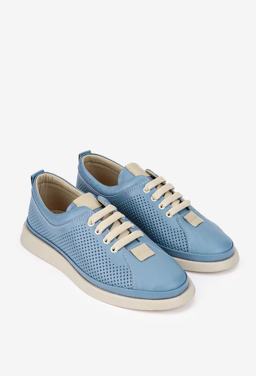 Pantofi dama din piele bleu cu detalii bej