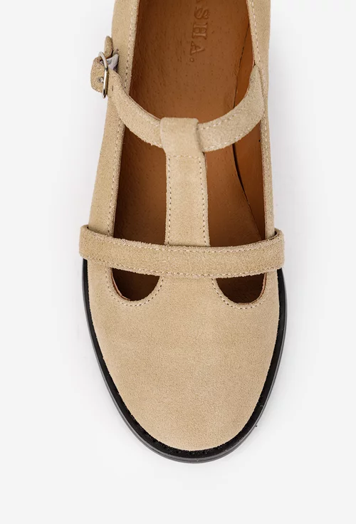 Pantofi dama din piele intoarsa bej