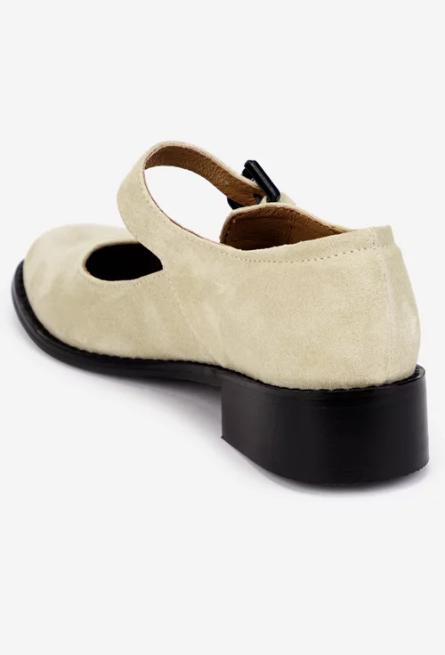 Pantofi dama din piele intoarsa bej cu bareta
