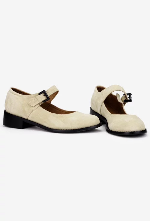 Pantofi dama din piele intoarsa bej cu bareta