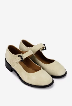 Pantofi dama din piele intoarsa bej cu bareta