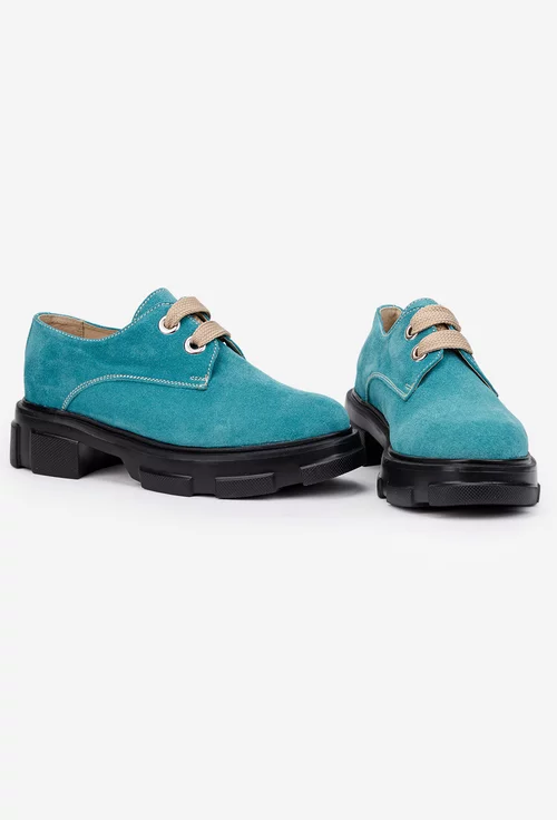 Pantofi dama din piele intoarsa bleu cu siret