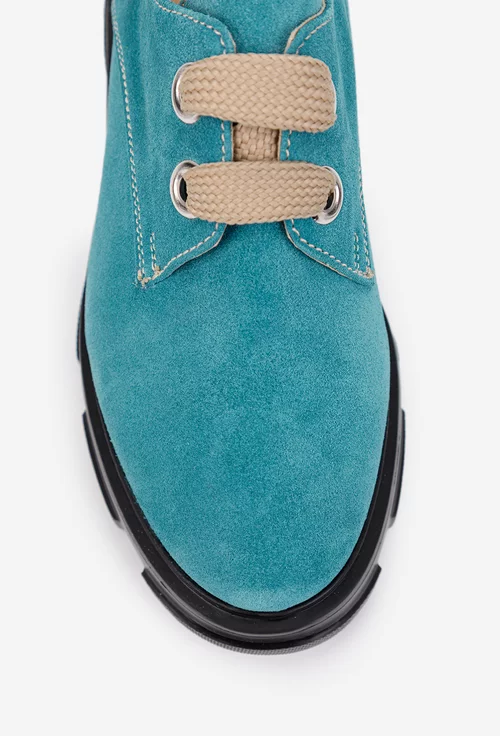 Pantofi dama din piele intoarsa bleu cu siret