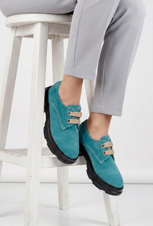 Pantofi dama din piele intoarsa bleu cu siret