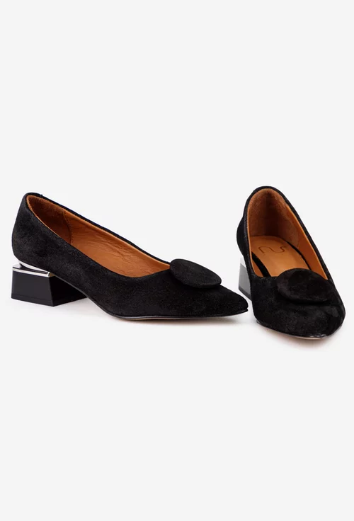Pantofi dama din piele intoarsa neagra cu ornament